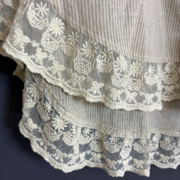 Umgee Cotton Blend Beige White Stripe Lace Trim Button Front Shirt XL - Picture 9 of 15